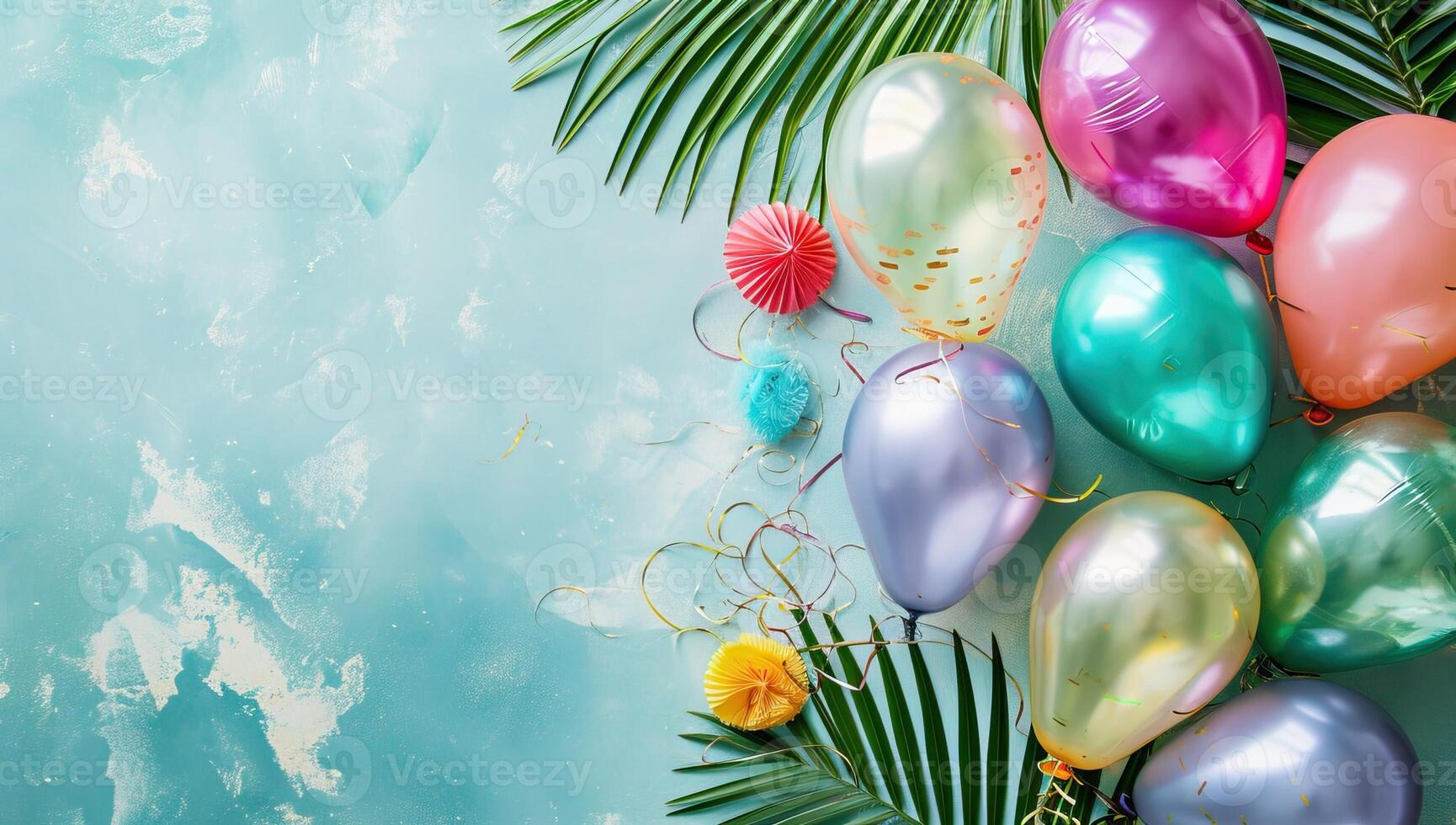 AI generated Flat lay composition with colorful balloons and palm leaves on blue background photo
