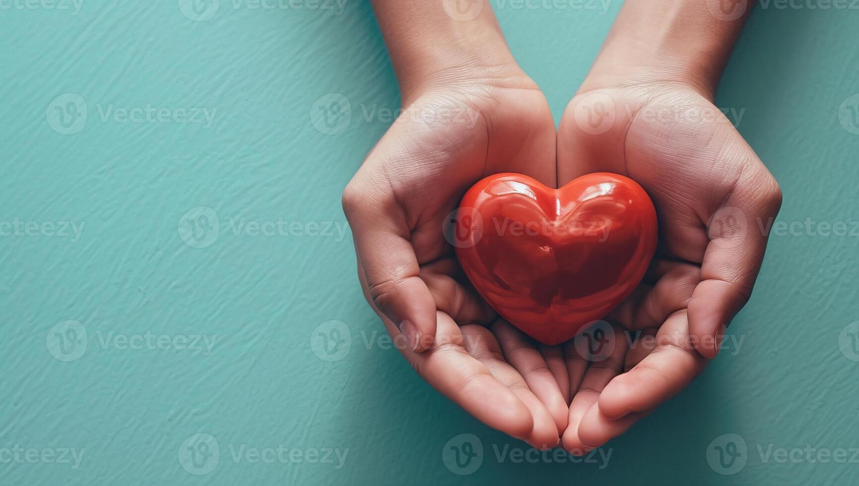 ai generado manos participación un rojo corazón en un verde antecedentes. el concepto de amor y salud. foto