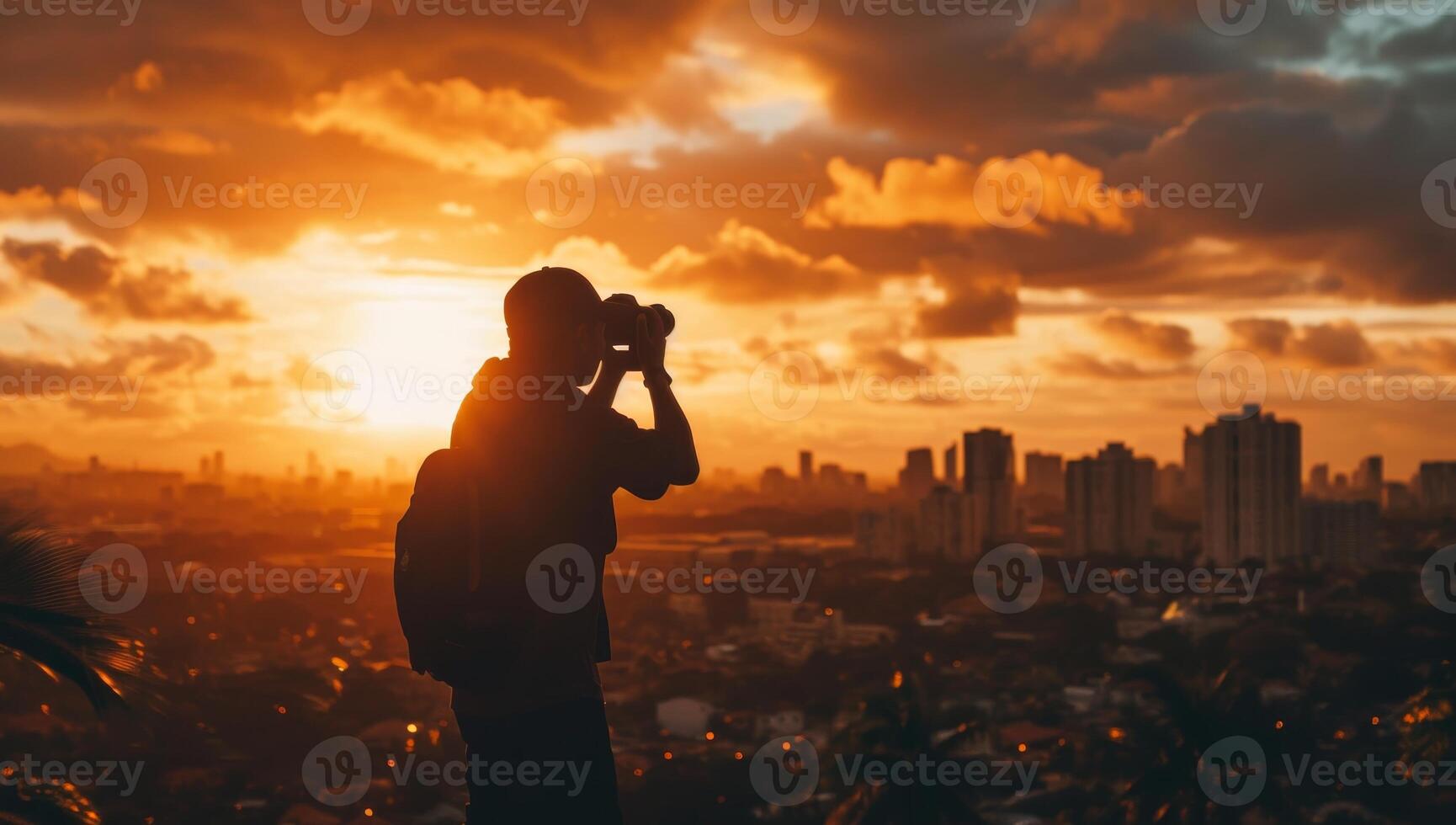 AI generated Silhouette of photographer taking photo of cityscape at sunset.