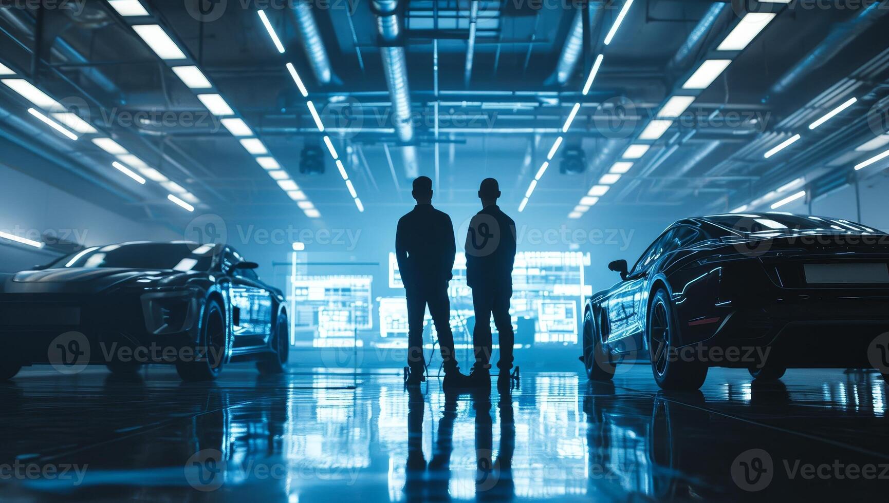 AI generated Two men standing in front of a car in a car showroom photo