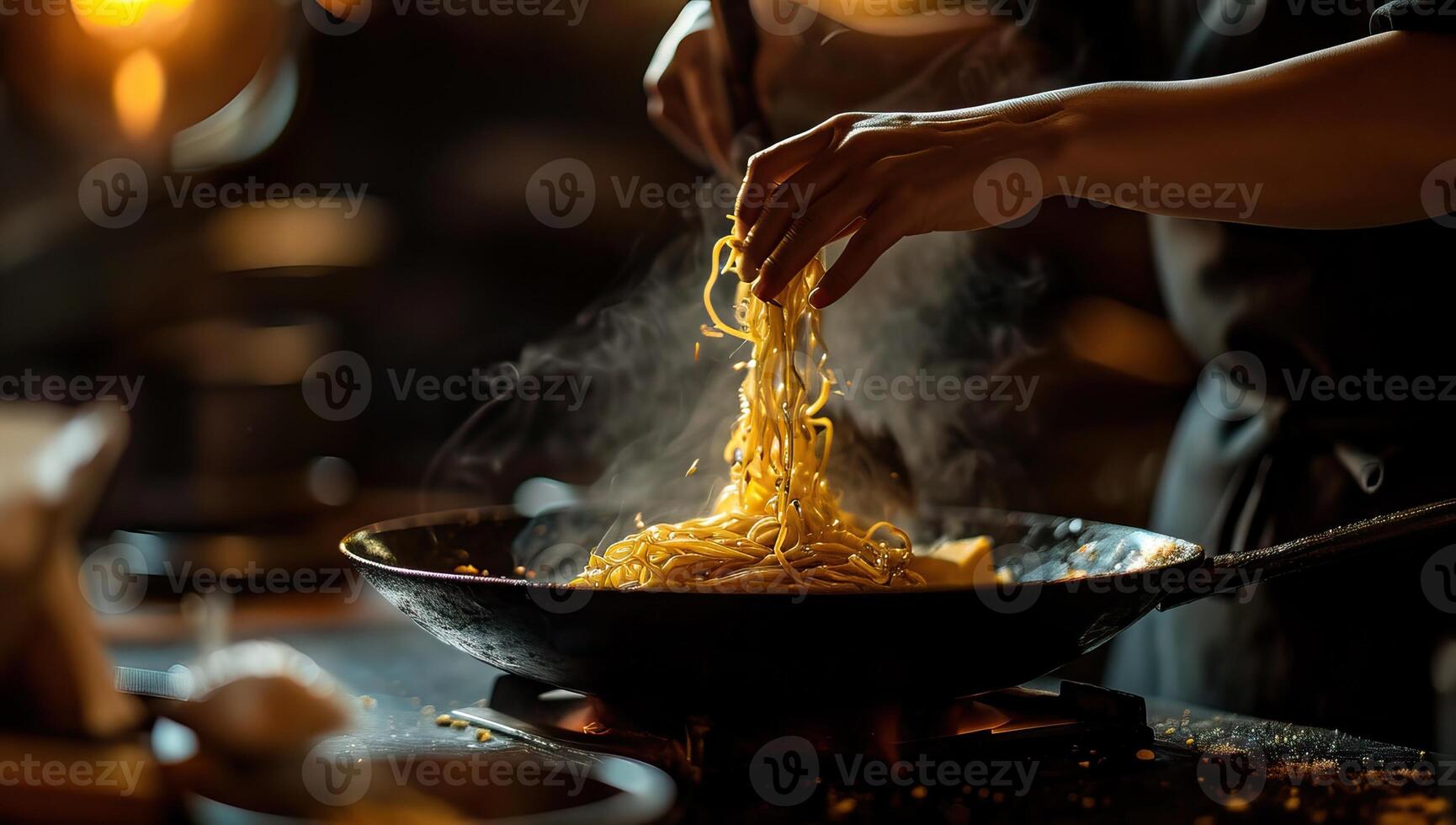 AI generated Close-up of woman cooking spaghetti in a pan at night kitchen photo