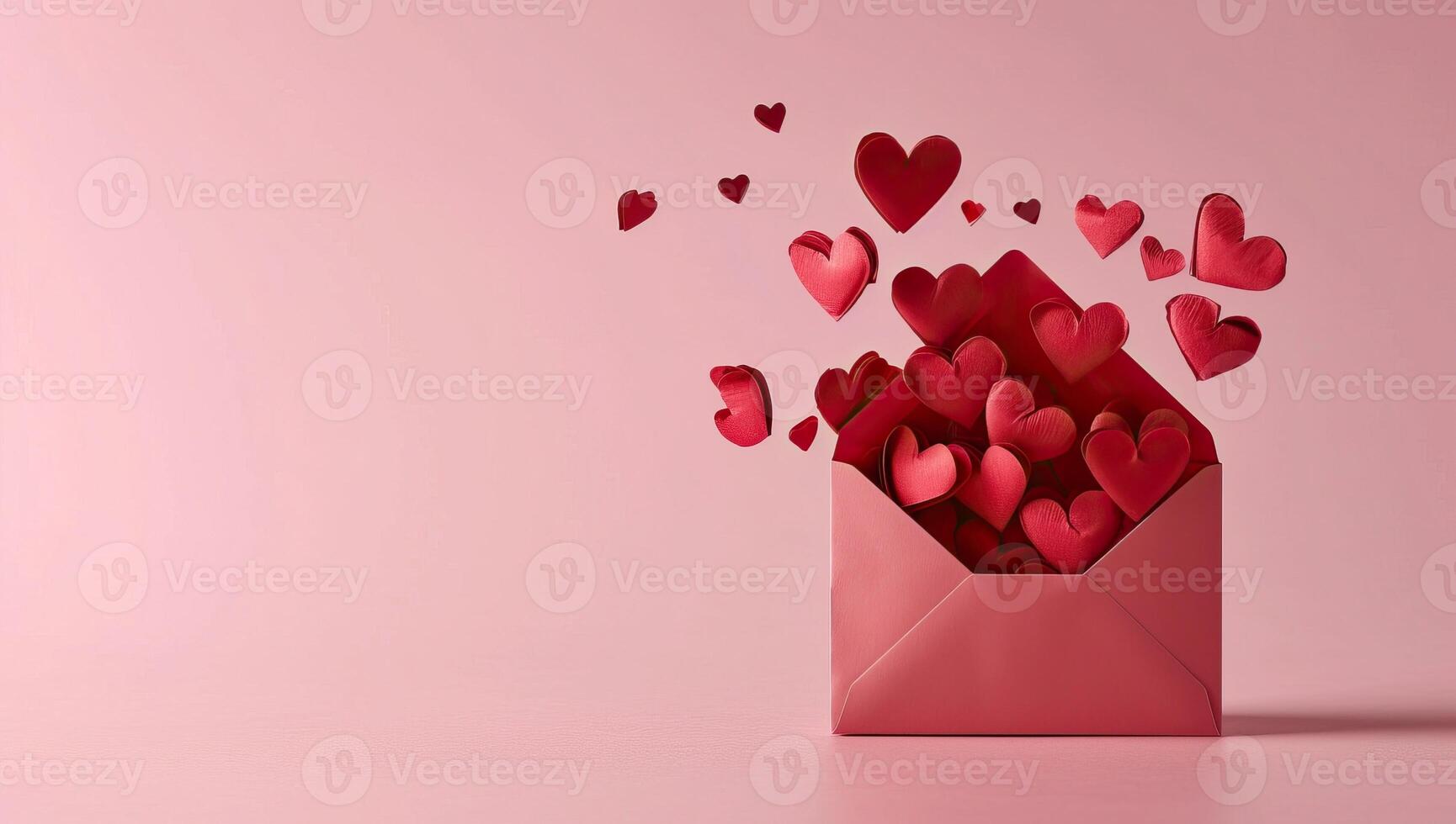 AI generated Pink envelope with red hearts on a pink background. Valentine's Day concept. photo