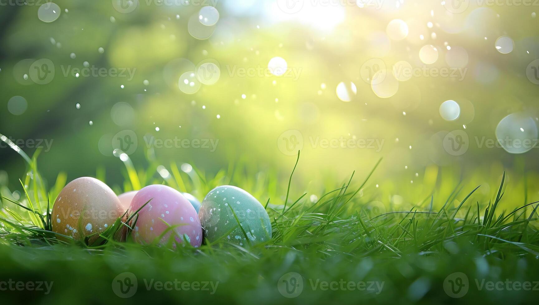 AI generated Colorful Easter eggs nestled in green grass under the bright sunlight photo