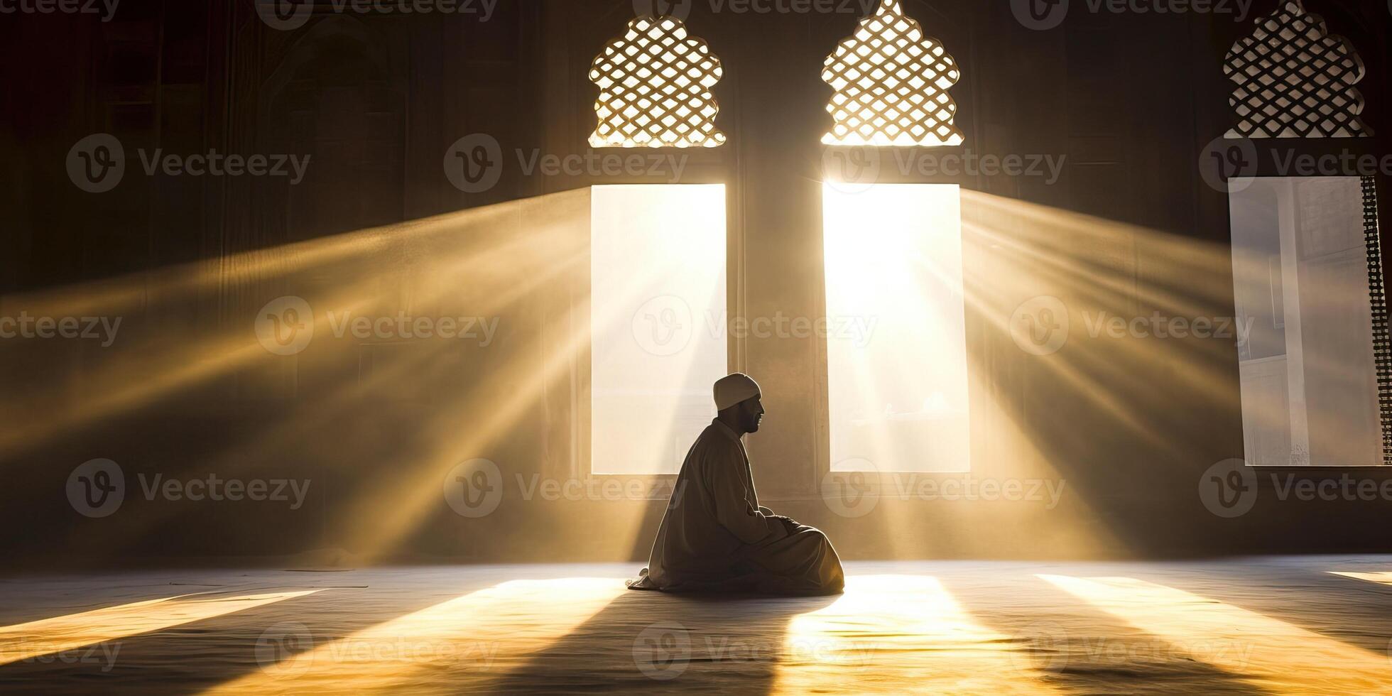 AI generated Muslim man praying in the mosque with rays of light coming through the window photo