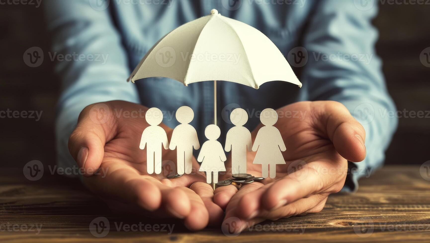 AI generated Insurance agent protecting family with umbrella. Concept of protecting family. photo