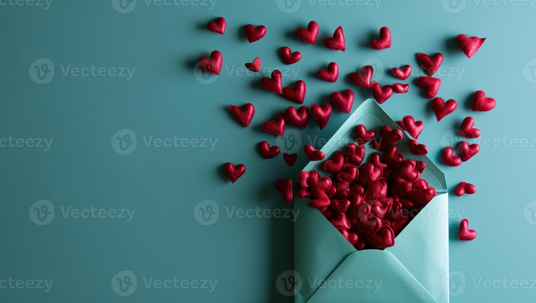 AI generated Envelope with red hearts on blue background. Valentine's Day concept. photo