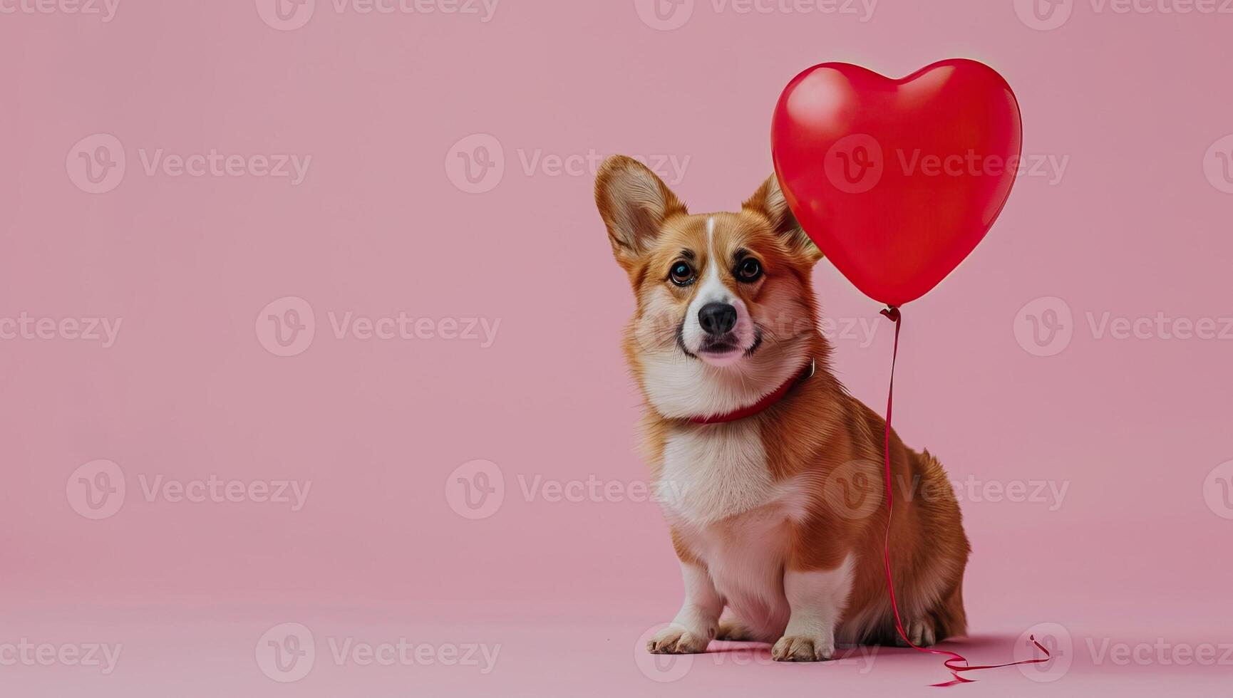 AI generated Cute Corgi Dog with Red Heart Balloon on Pink Background photo