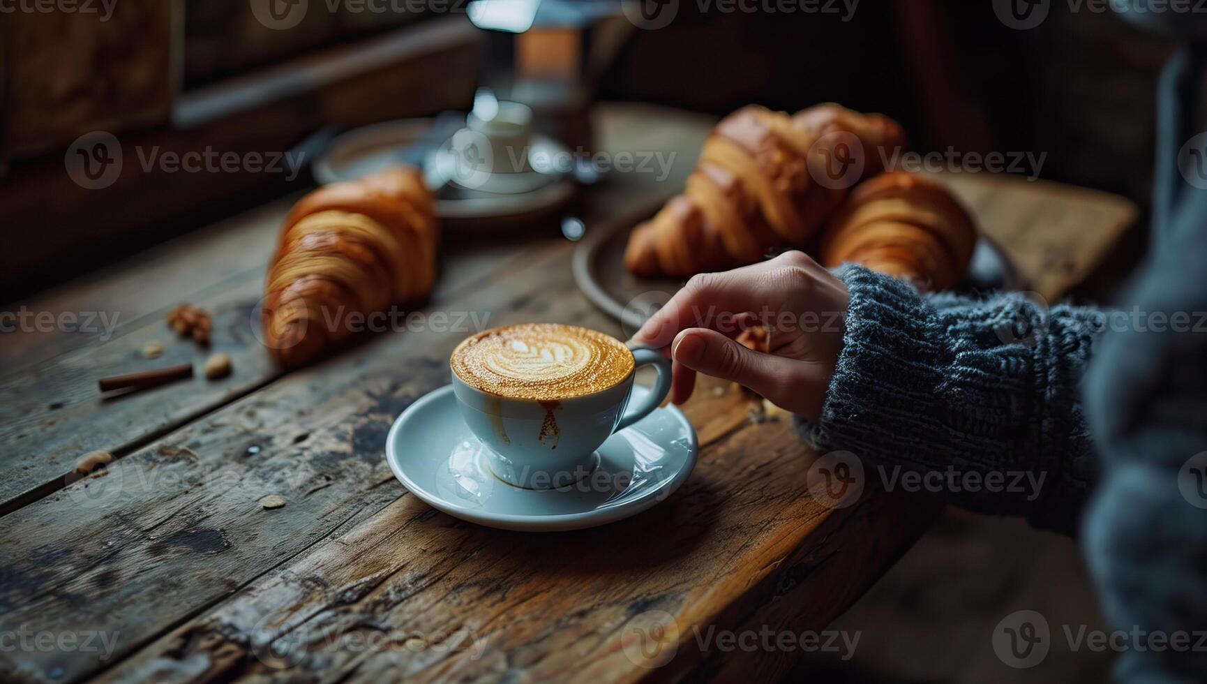 AI generated Hand reaching for warm coffee beside croissants on wooden table photo