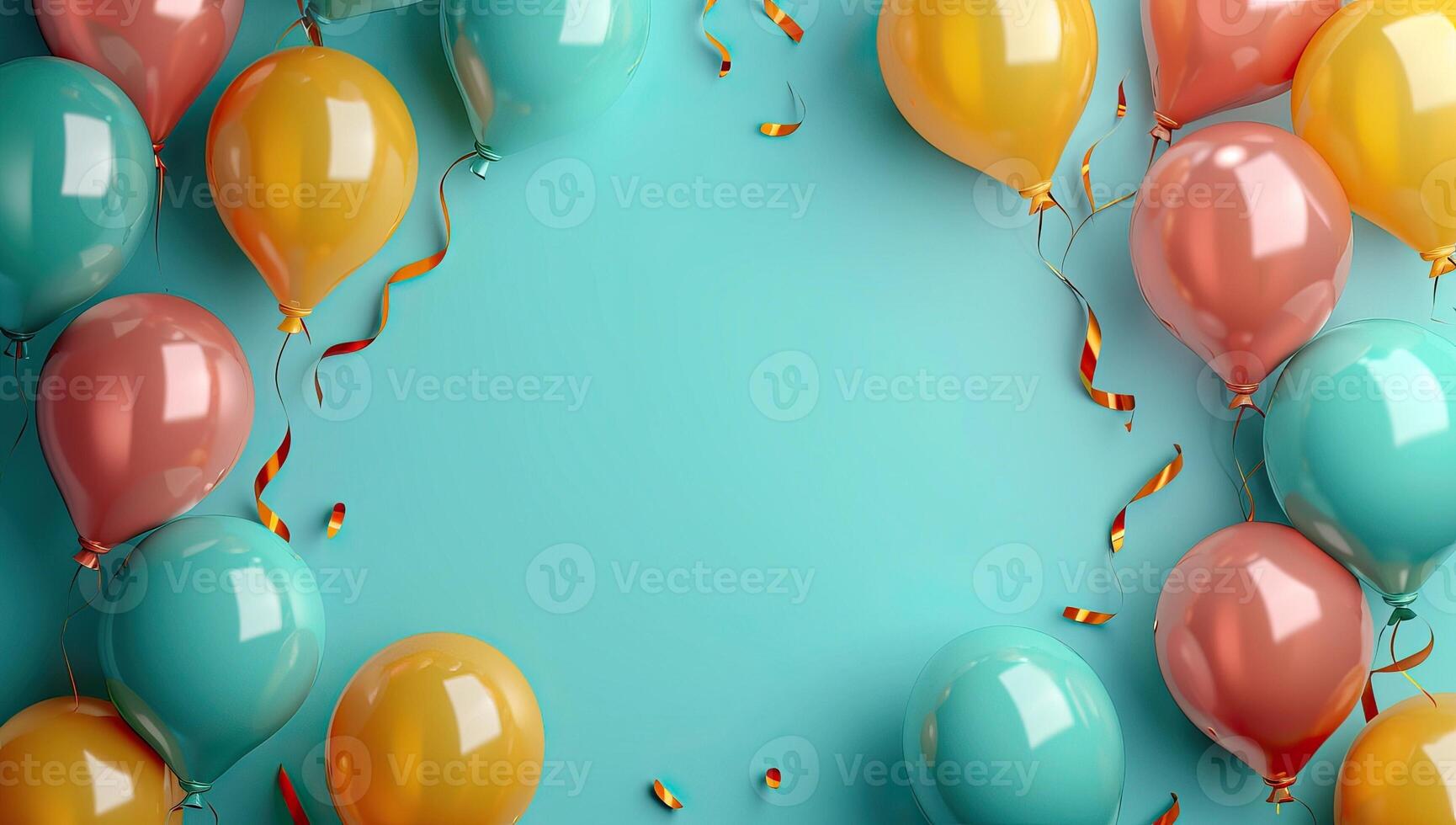 AI generated 3d render of colorful balloons with confetti on blue background. photo