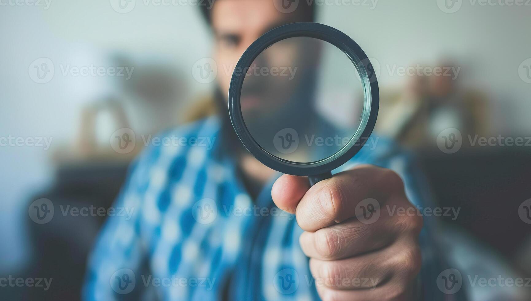 AI generated Man holding a magnifying glass in his hand. Focus on the magnifying glass. photo