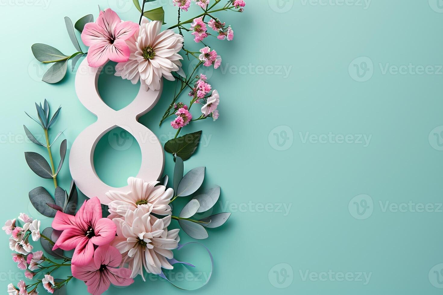 AI generated Flowers composition. Greeting card for Womens day or 8 march. Flat lay, top view photo