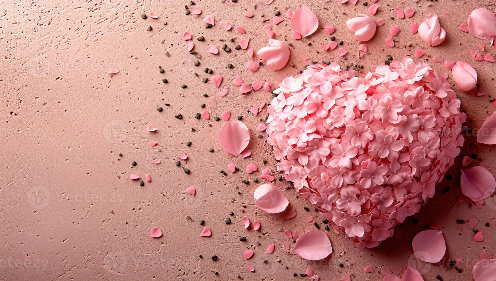 AI generated Pink heart on a pink background with rose petals and seeds. photo