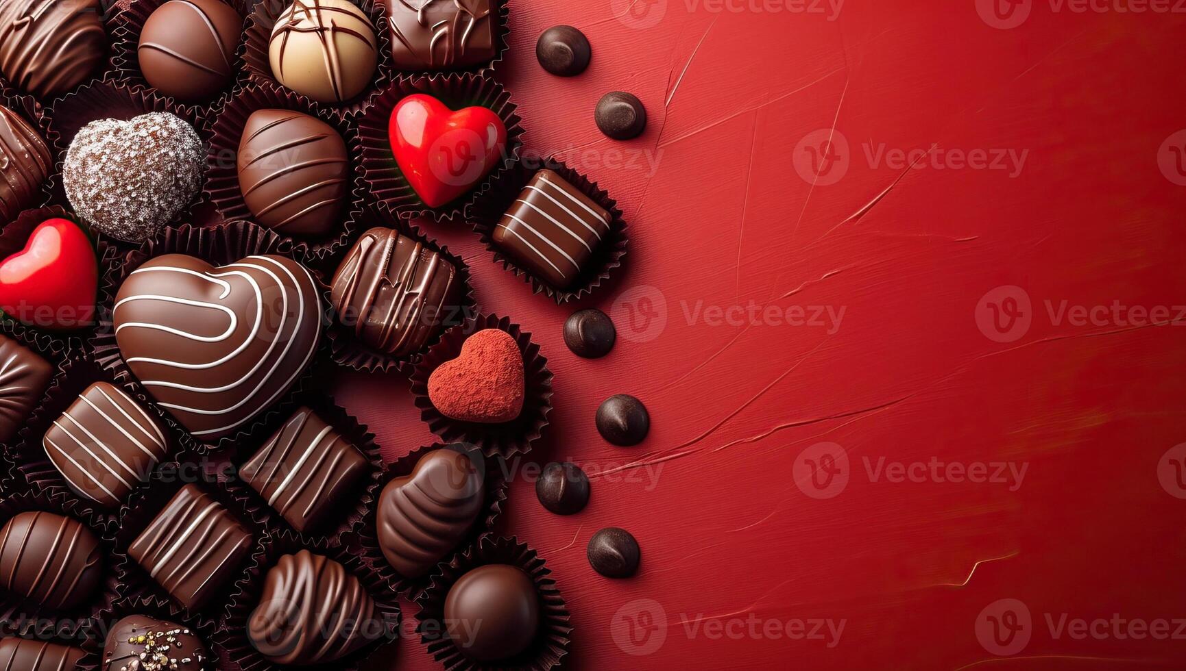 AI generated Valentine's day background with chocolate candies on red background photo