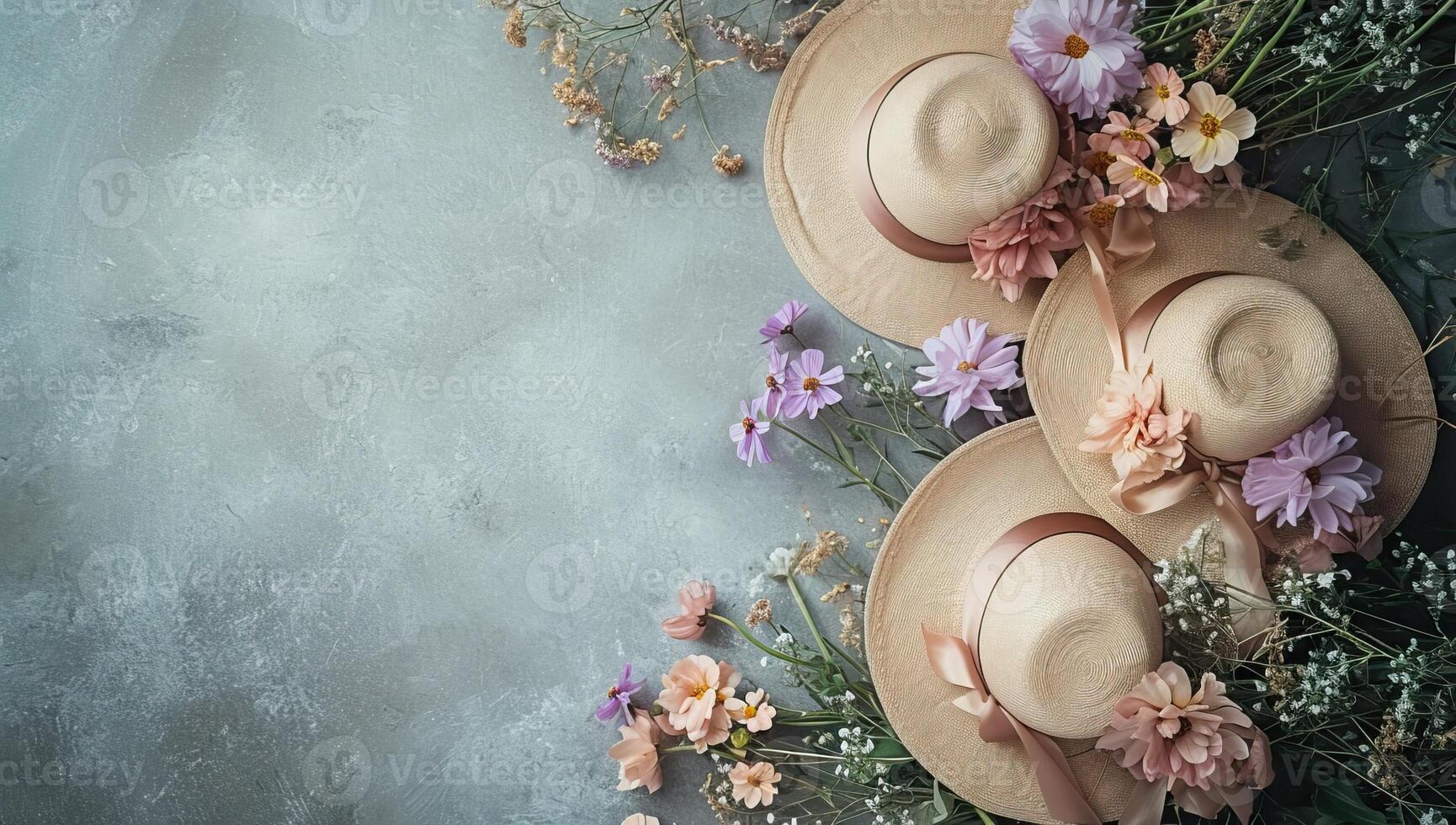 AI generated Summer straw hats with flowers on grey background. Top view with copy space photo