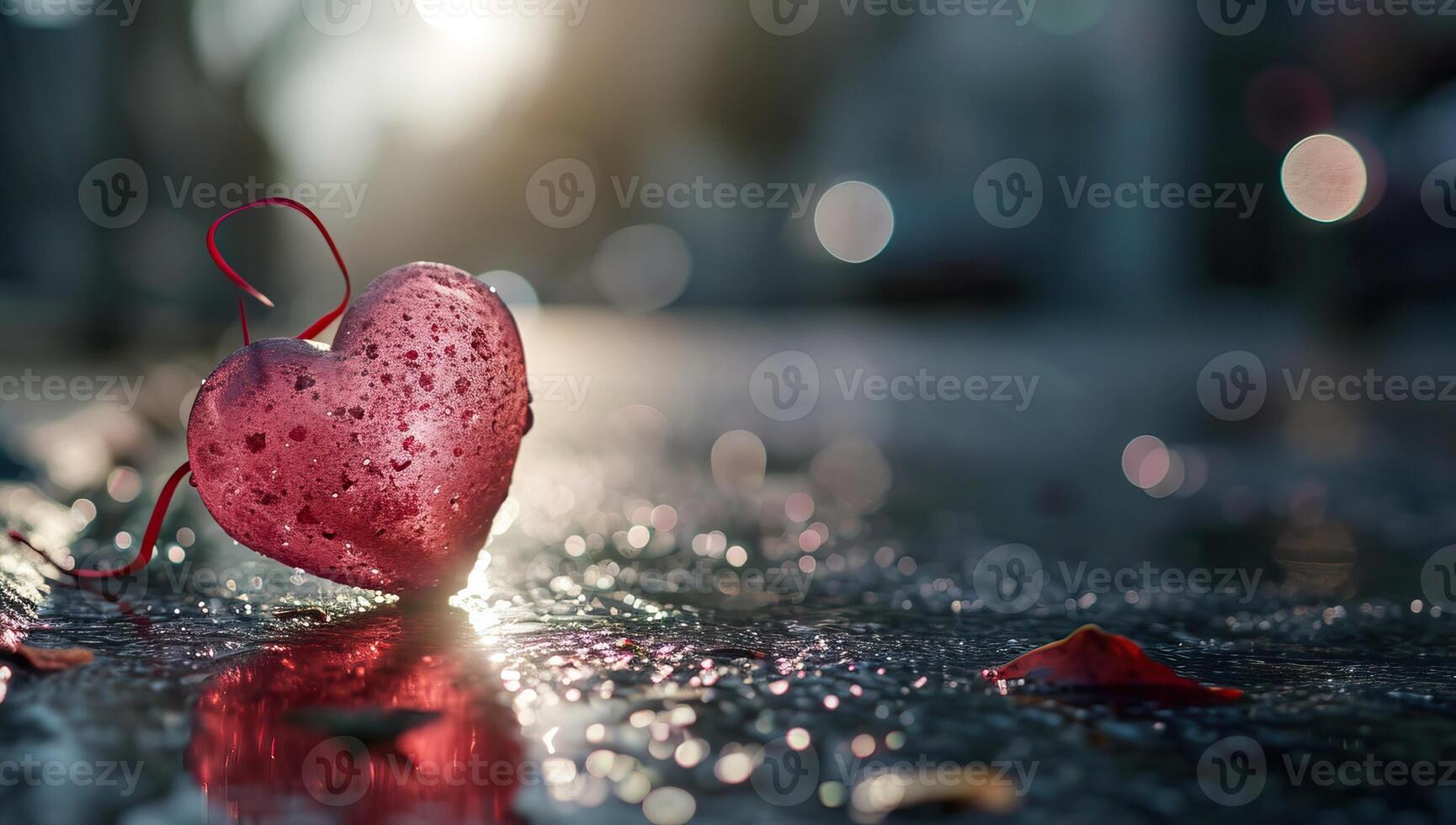 AI generated Heart on wet asphalt with bokeh background. Valentine's day concept photo