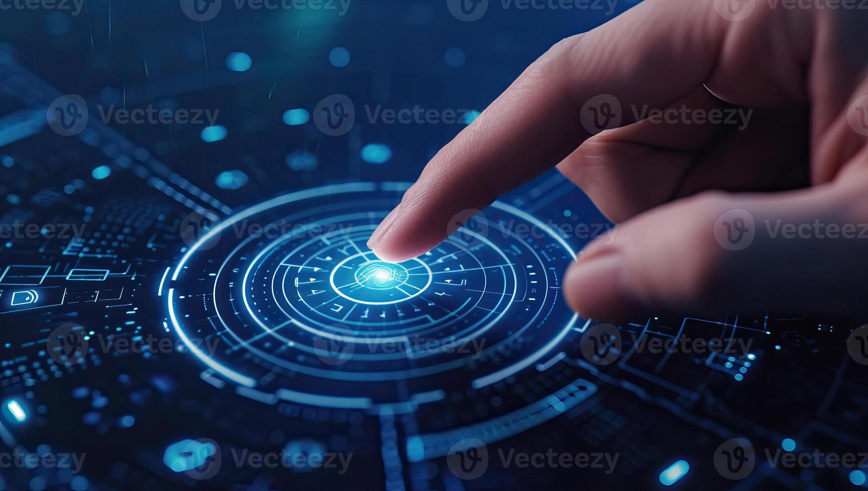 AI generated Finger touching glowing button on virtual screen. Technology and innovation concept photo