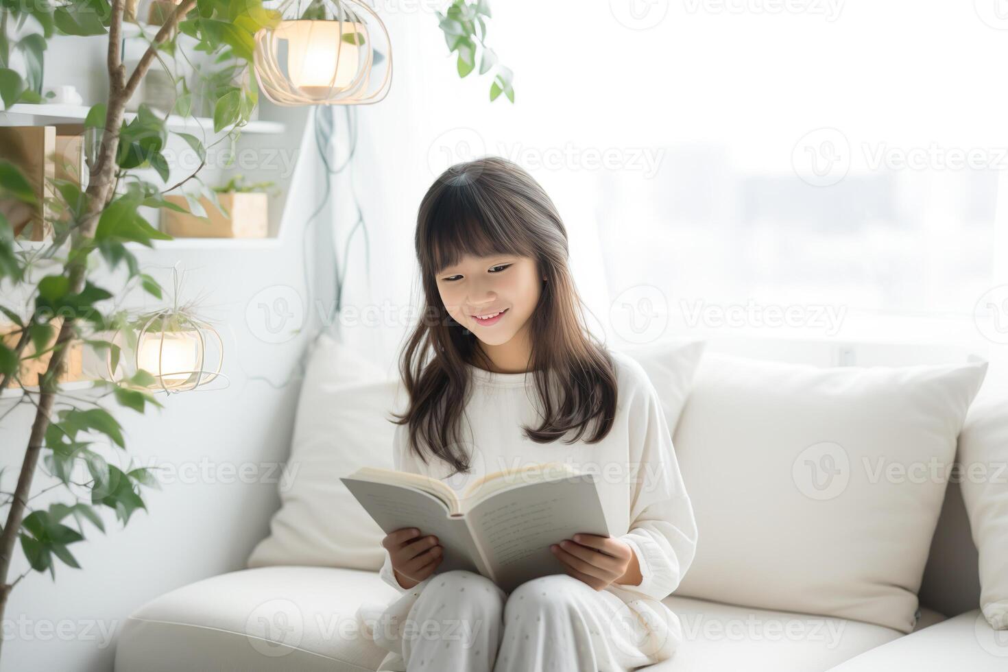 ai generado hermosa asiático niña sentado en blanco sofá y leyendo un libro en un ligero vivo habitación foto