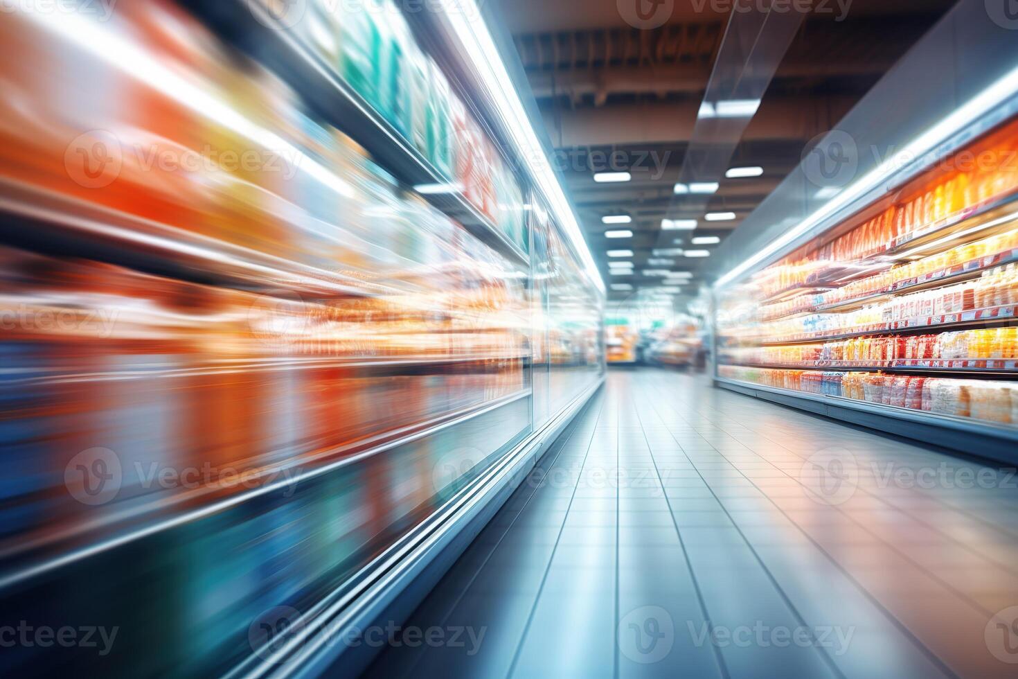 ai generado corriendo alrededor el supermercado Entre el refrigerador con bebidas y estantería con alimento, borroso movimiento imagen foto