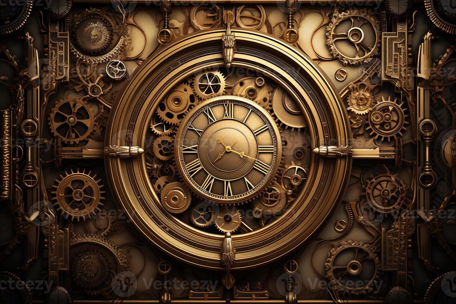 AI generated Abstract shiny brass or bronze clock mechanism with gears, wheels and rivets. steampunk background photo