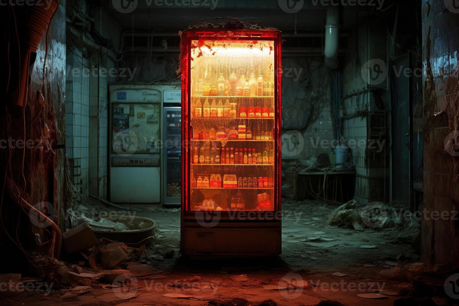 AI generated creepy glowing red refrigerator in a dark abandoned supermarket photo
