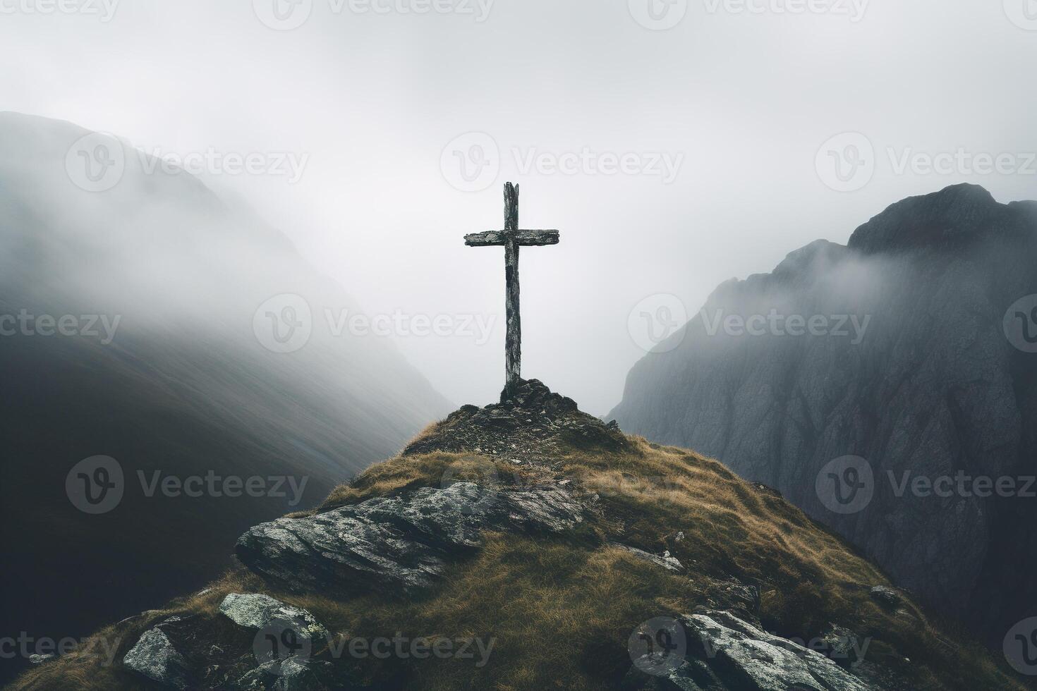 ai generado antiguo solitario cruzar en un rock en un brumoso melancólico montaña paisaje foto