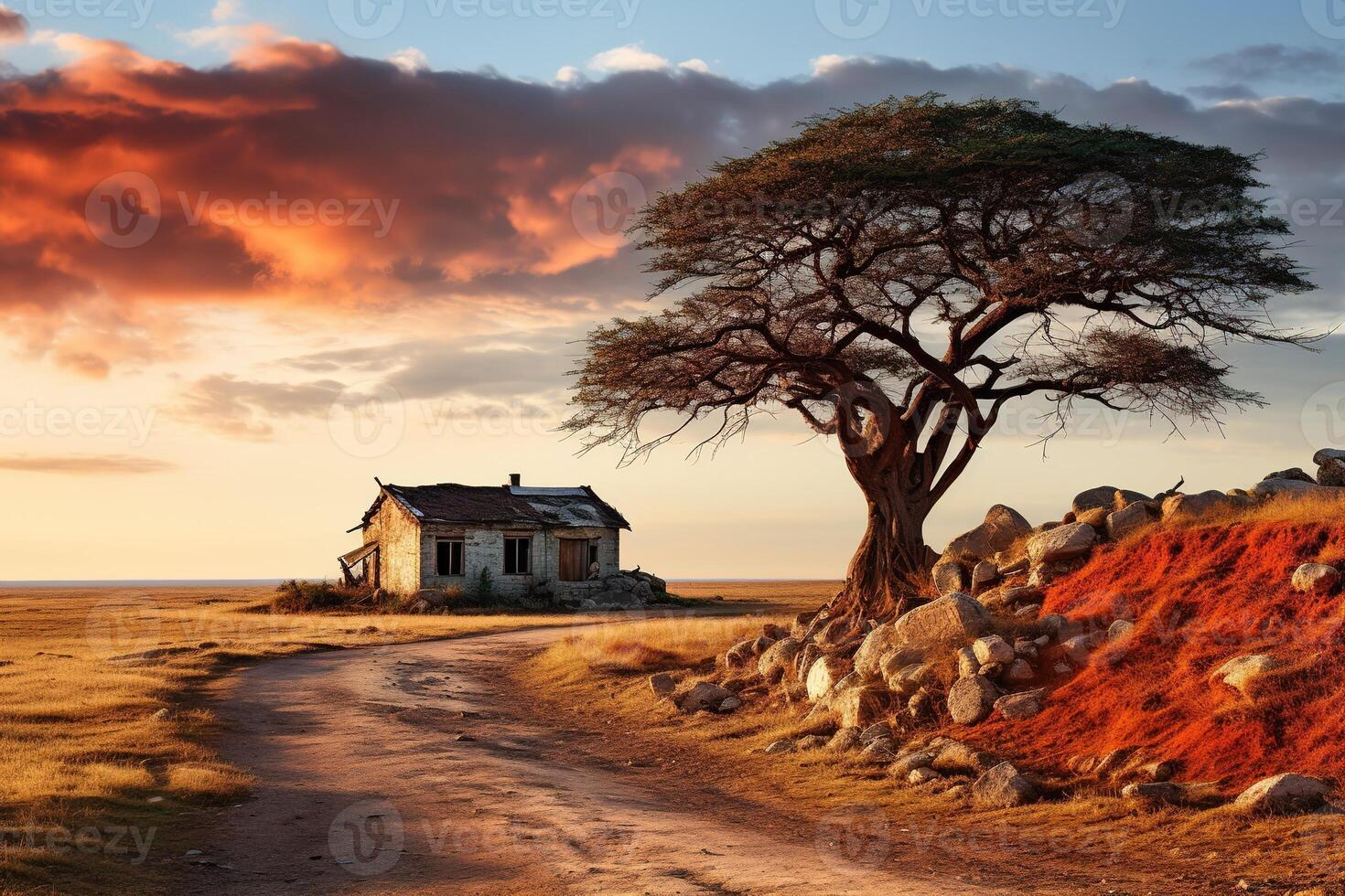 AI generated small abandoned house and tree in the savannah at sunset photo