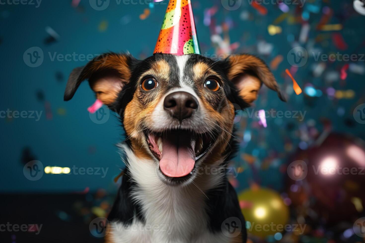AI generated adorable funny dog in a party hat smiling under falling confetti on a blue background photo