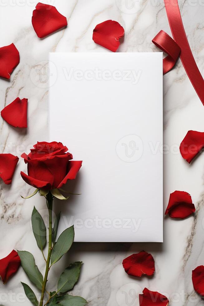 AI generated vertical mockup white blank paper sheet with red roses and petals top view on marble stone, template empty card flat lay with copy space photo