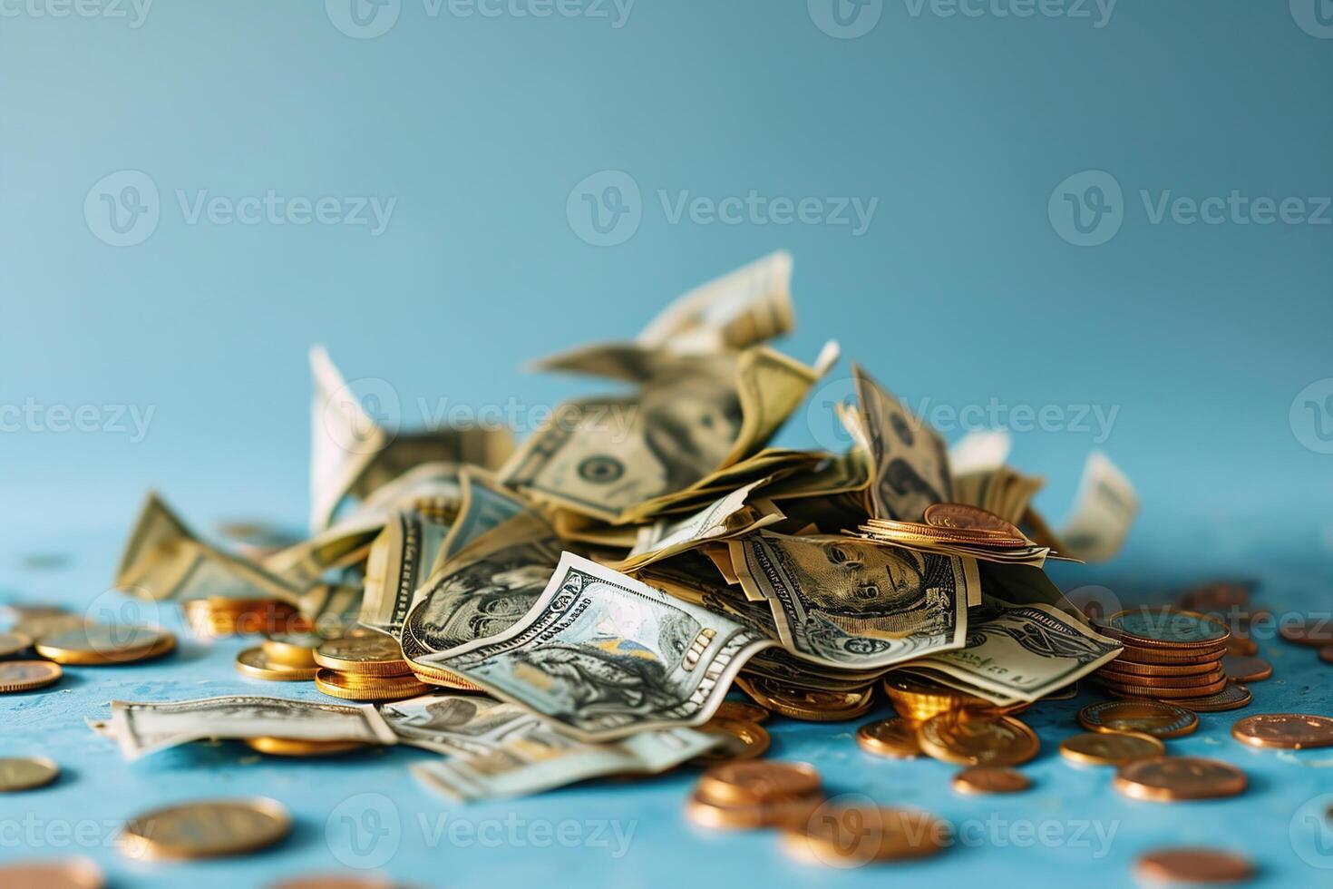AI generated Pile of crumpled banknotes and coins on a blue background photo