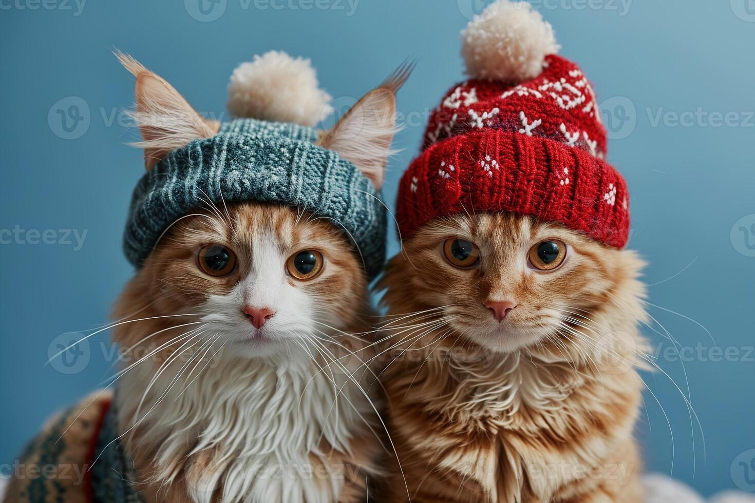 AI generated two cute ginger cats in knitted warm hats on a blue background photo