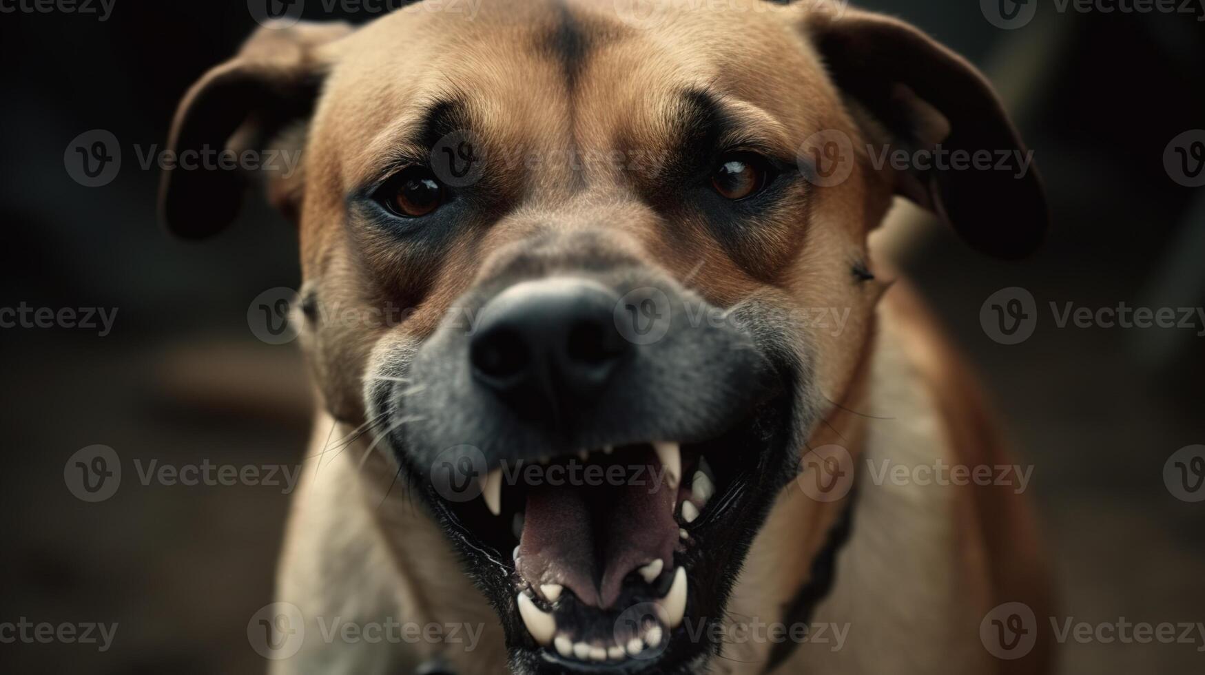 AI generated closeup angry aggressive dog growling and shows teeth photo