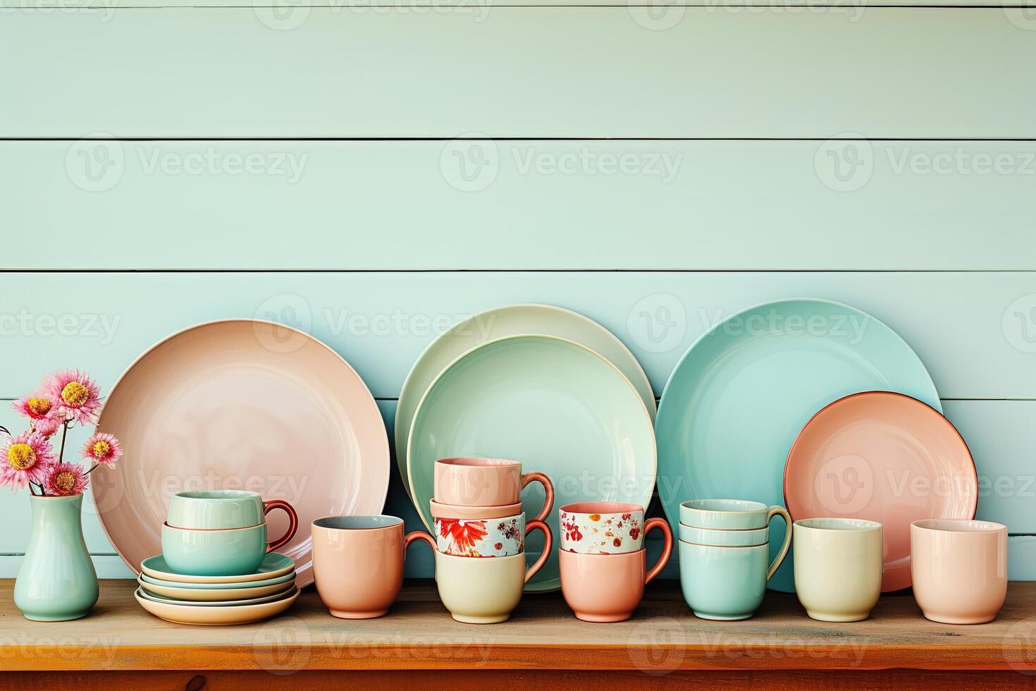 AI generated Beautiful ceramic dinnerware in pastel colors on a stylish kitchen counter. Kitchen background photo