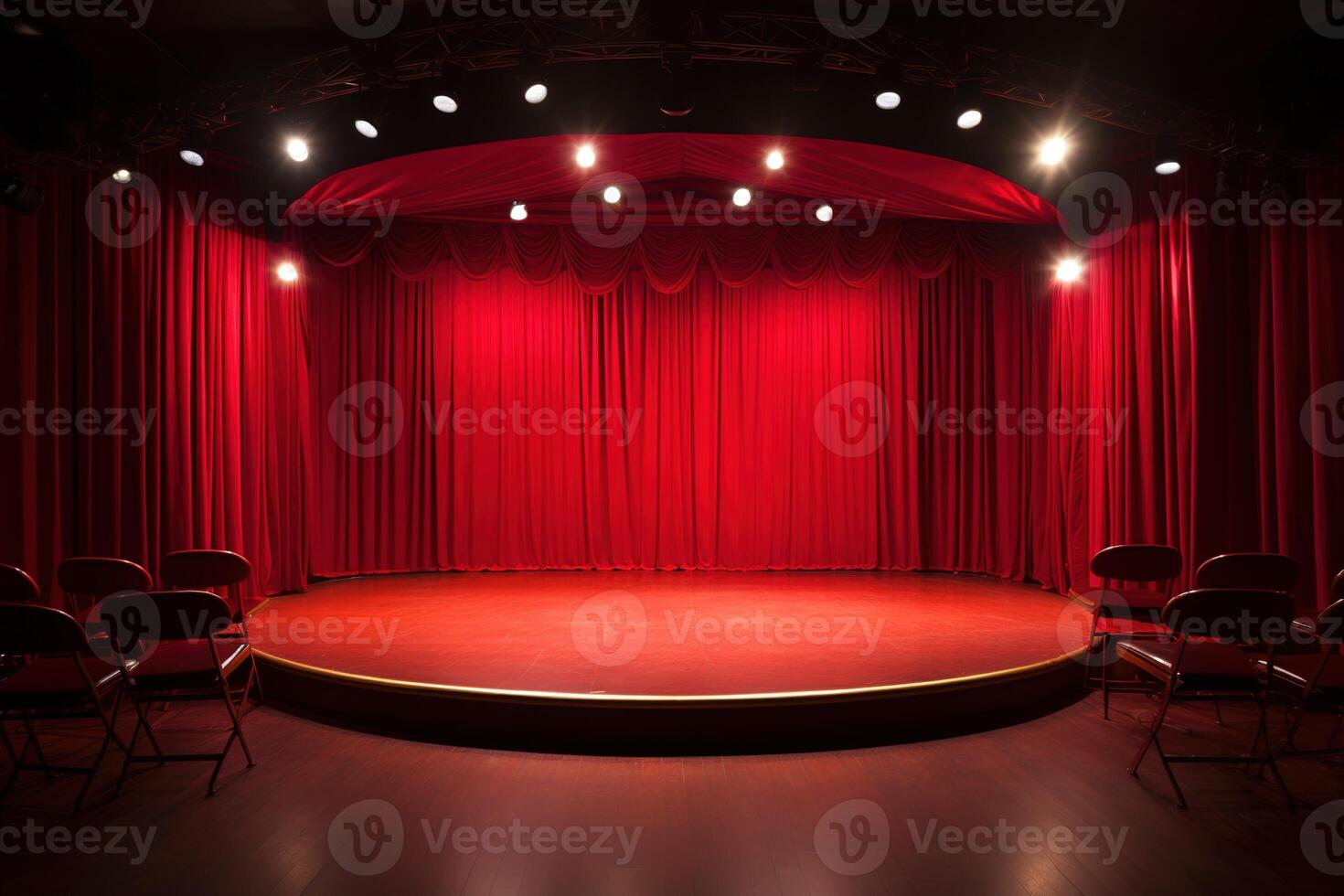 AI generated view of an empty stage of a theater or standup comedy club with red curtain photo