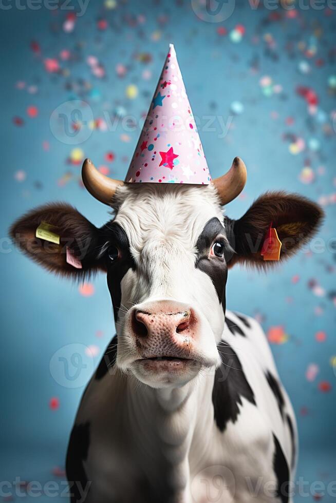 AI generated vertical cute black and white spotted cow in a party hat under falling confetti on a blue background. funny animal concept photo