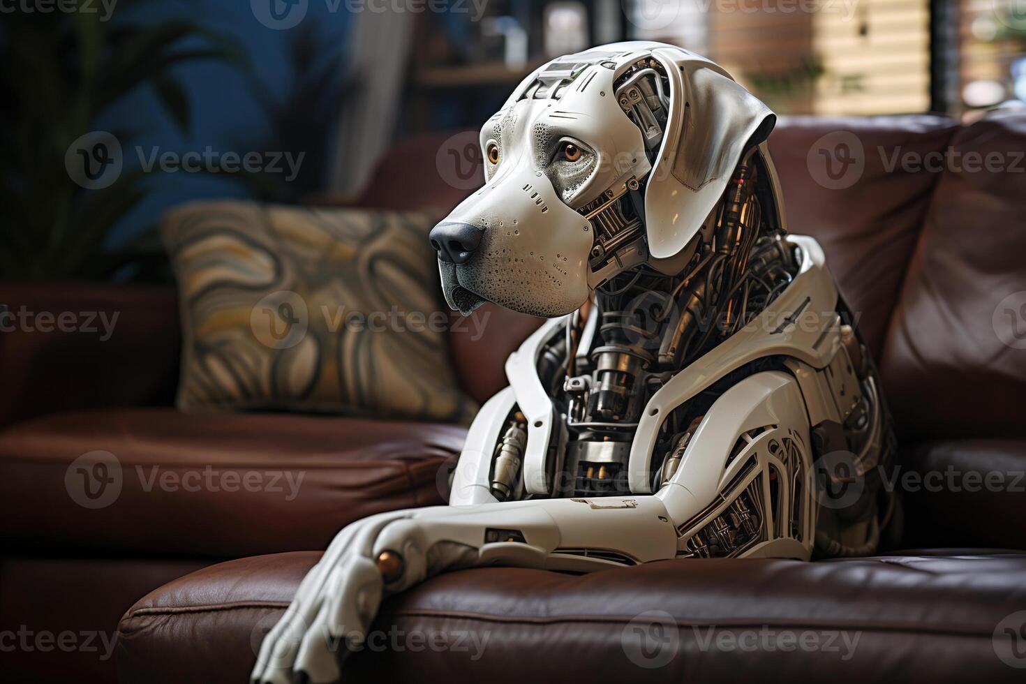 AI generated Abstract image of a white mechanical friend robot dog sitting in a leather sofa photo