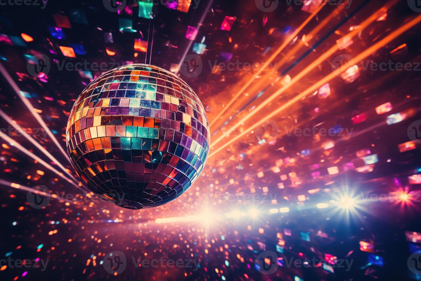 AI generated A disco ball reflects bright colorful lights in the dance hall. photo