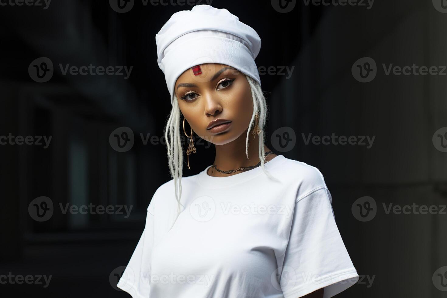 AI generated african women in white stylish hip hop outfit and a hat at a parking photo