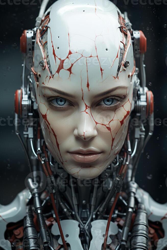 AI generated Vertical close up portrait of an angry beautiful android woman with red lined pattern on forehead on a blurred background photo