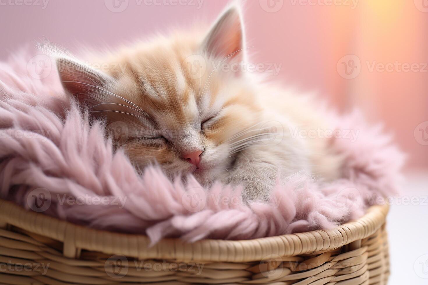 AI generated closeup cute ginger little cat sleeping on a wicker basket on a blurred background photo