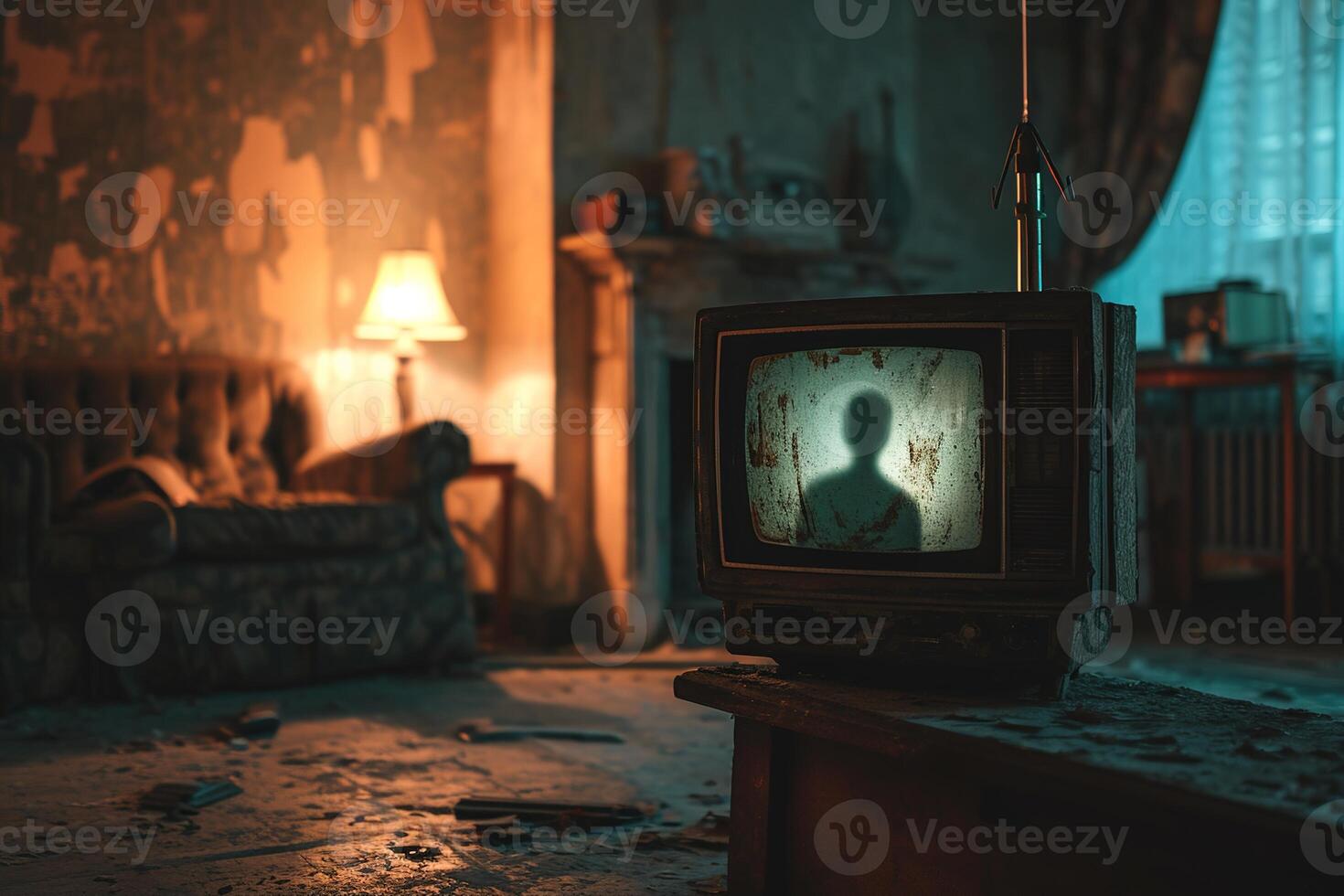 AI generated Old TV with a shadow silhouette of a man on the screen in a dark room with shabby walls photo