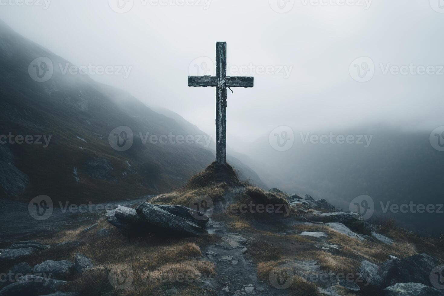 ai generado solitario cruzar en un rock en un brumoso melancólico montaña paisaje foto