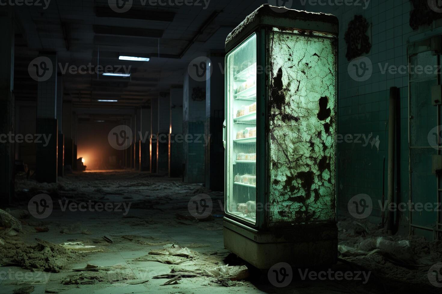 AI generated creepy glowing refrigerator in a dark abandoned building photo