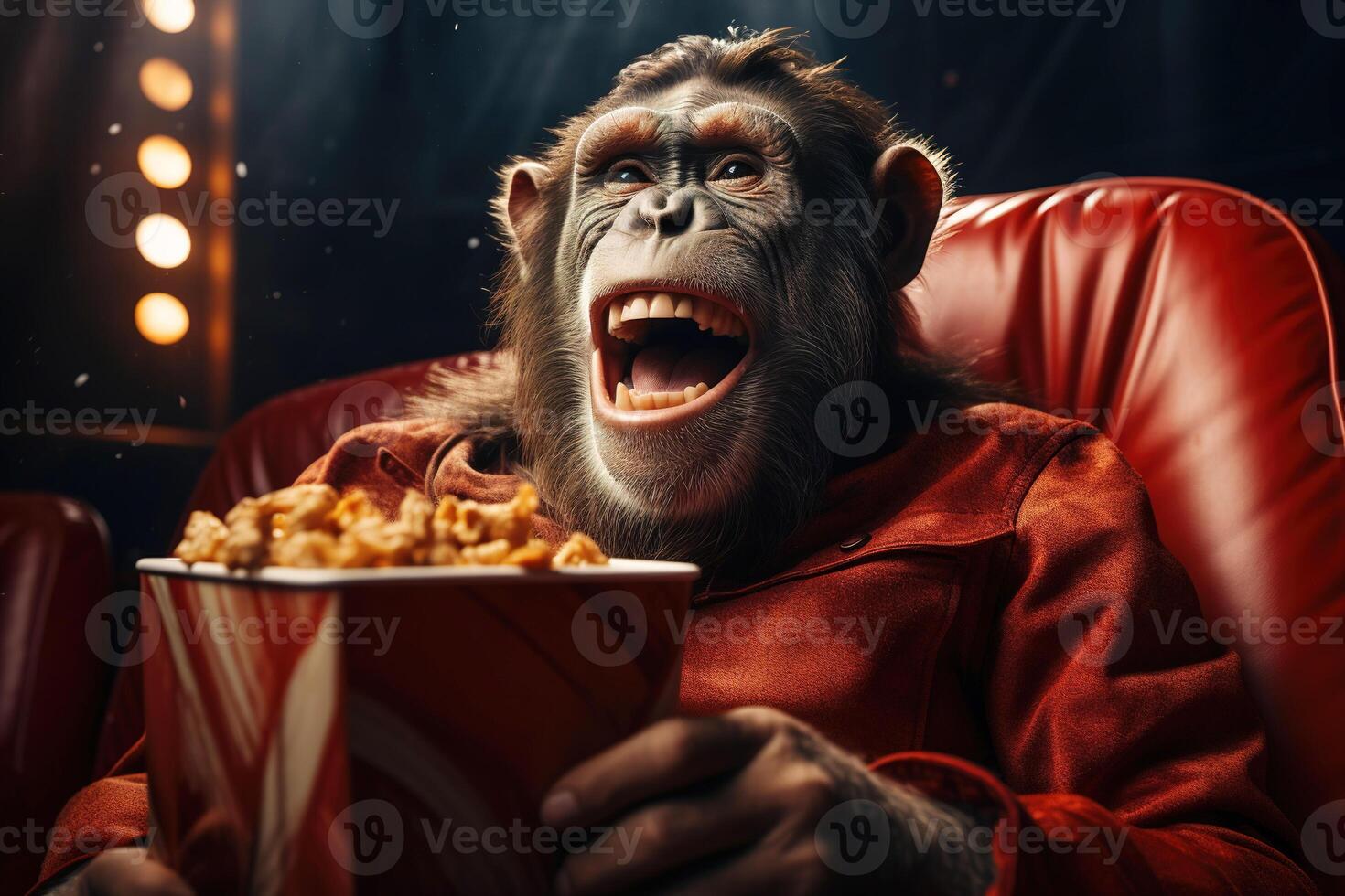 AI generated Close up portrait of a mature laughing monkey in a red glossy outfit sitting in leather armchair eating popcorn in a cinema photo