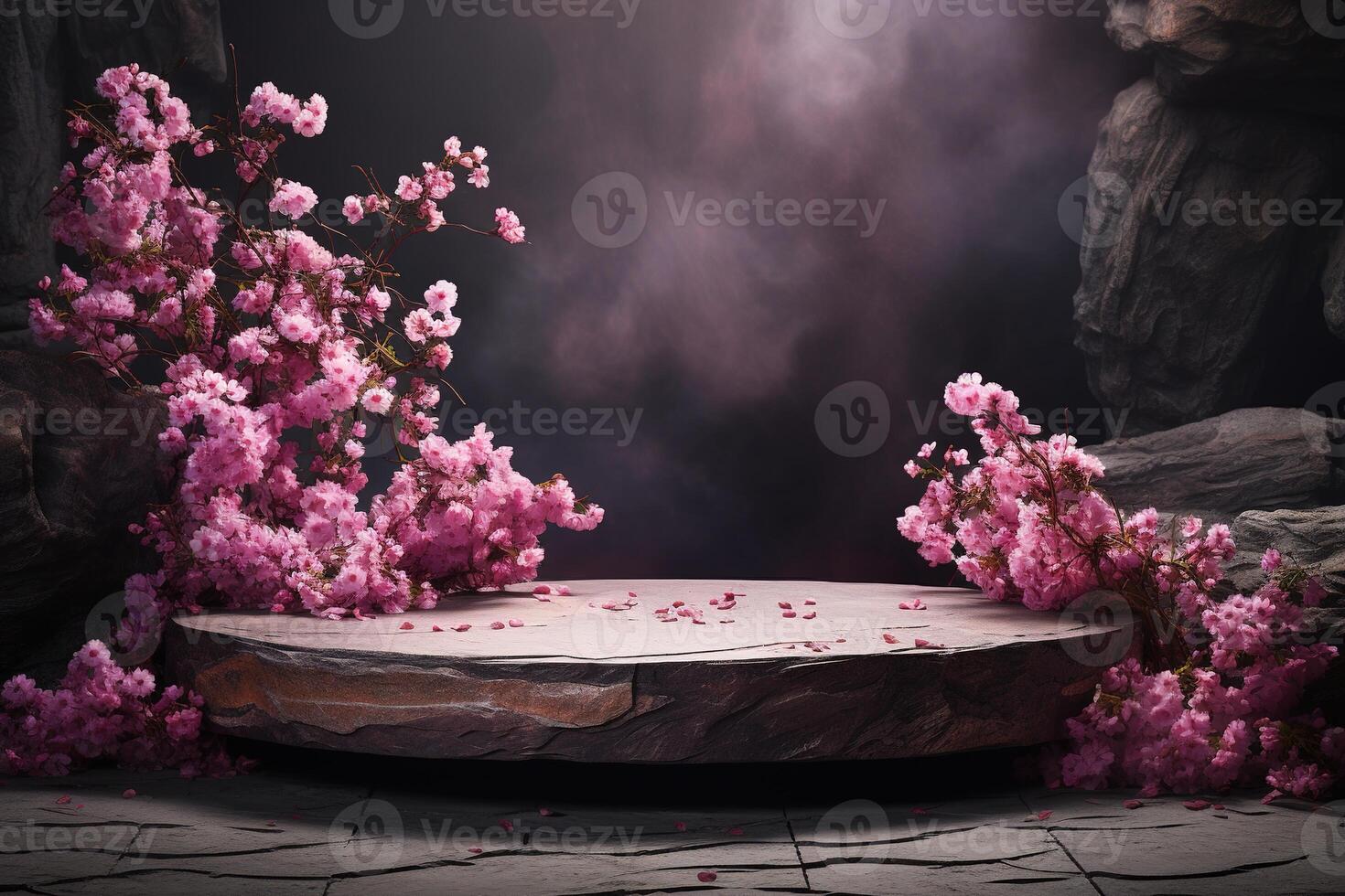 AI generated stone platform podium with little pink flowers on smoke background, template for montage or product presentation photo