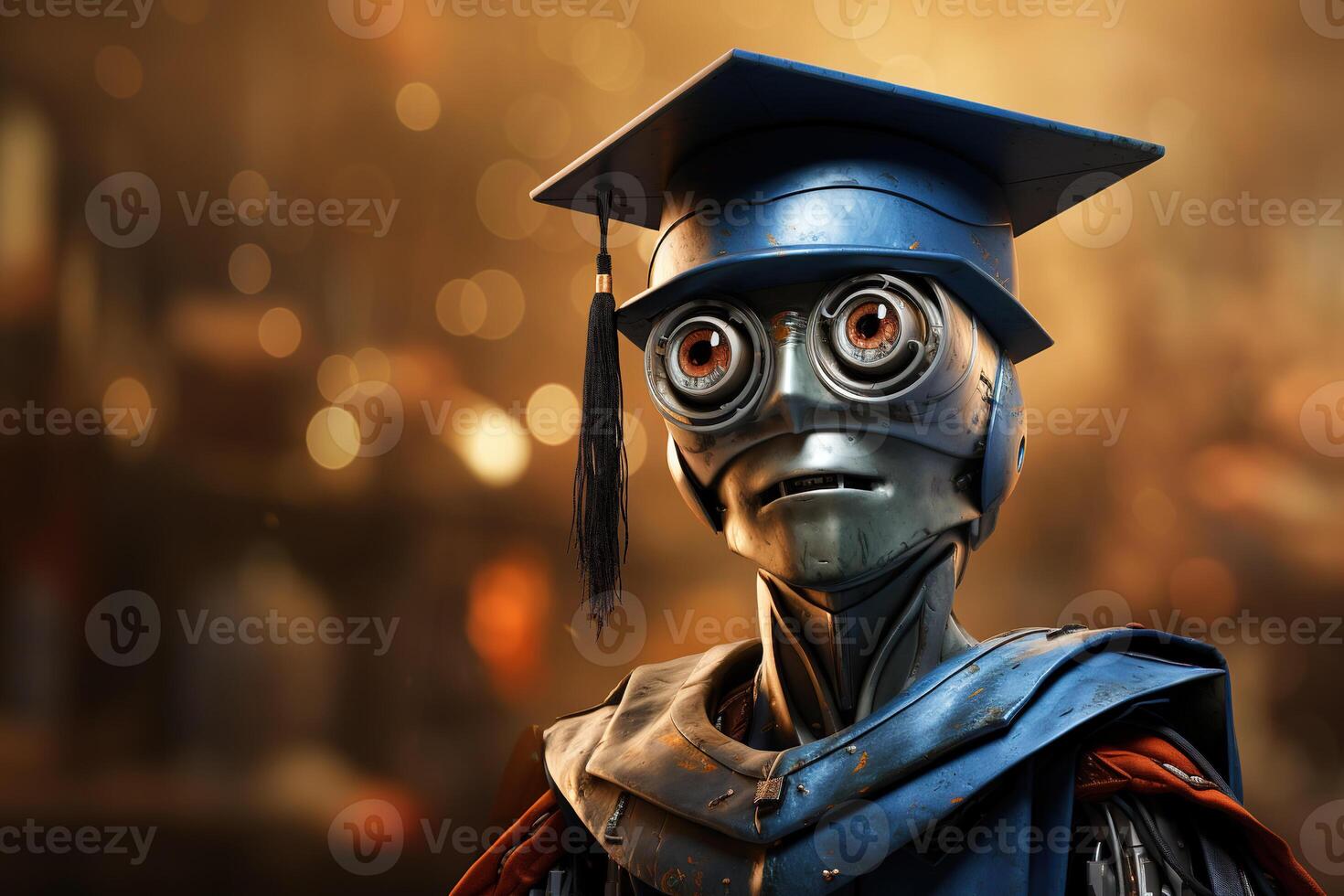AI generated 3D illustration of a mechanical robot wearing a square graduation hat on a blurred background of a university library photo