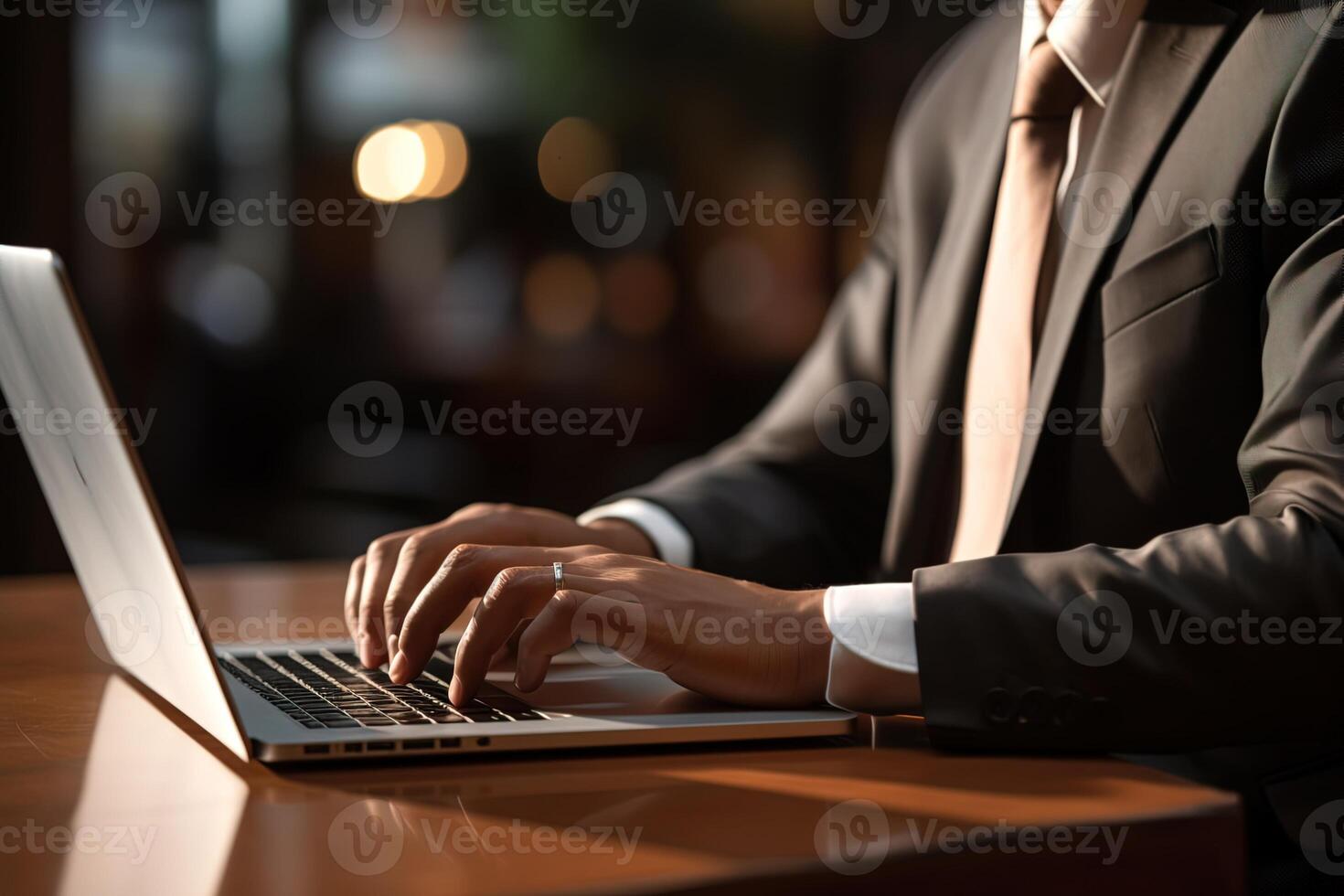 AI generated Side view of the hands of a man in a business suit working on a laptop photo