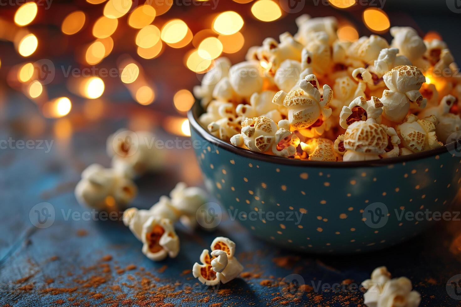 AI generated closeup of a blue bowl with delicious popcorn on bokeh blurred background photo