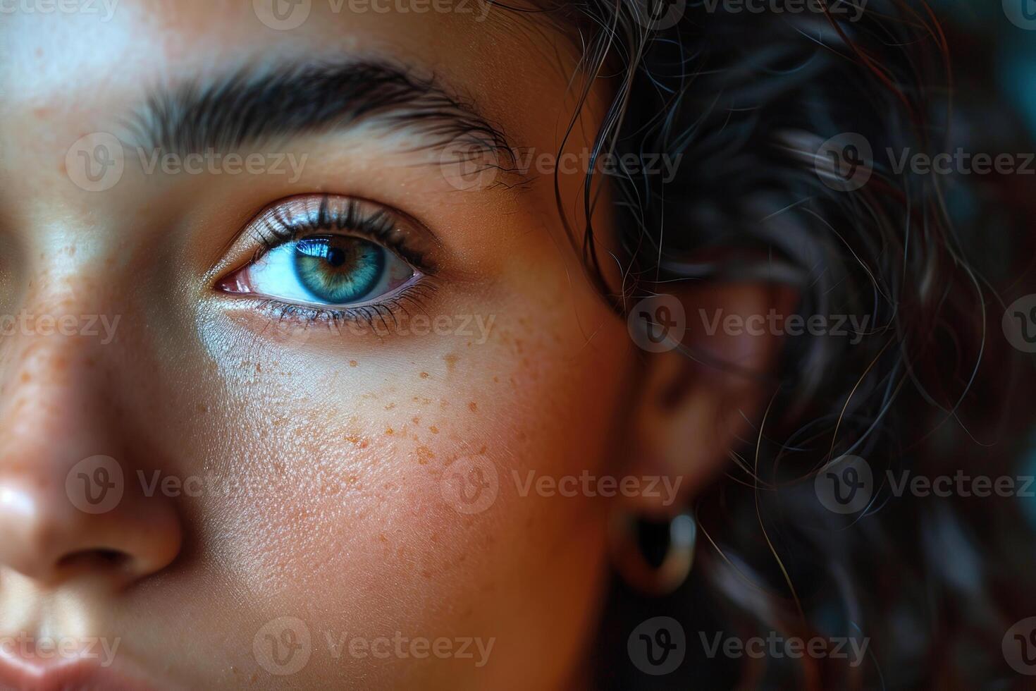 ai generado cerca arriba retrato de medio cara de maravilloso azul ojos joven morena mujer con Rizado pelo foto