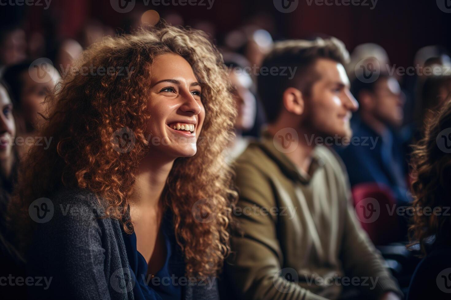 AI generated Smiling student young woman with curly hair in a group of diverse people sitting in a lecture hall photo