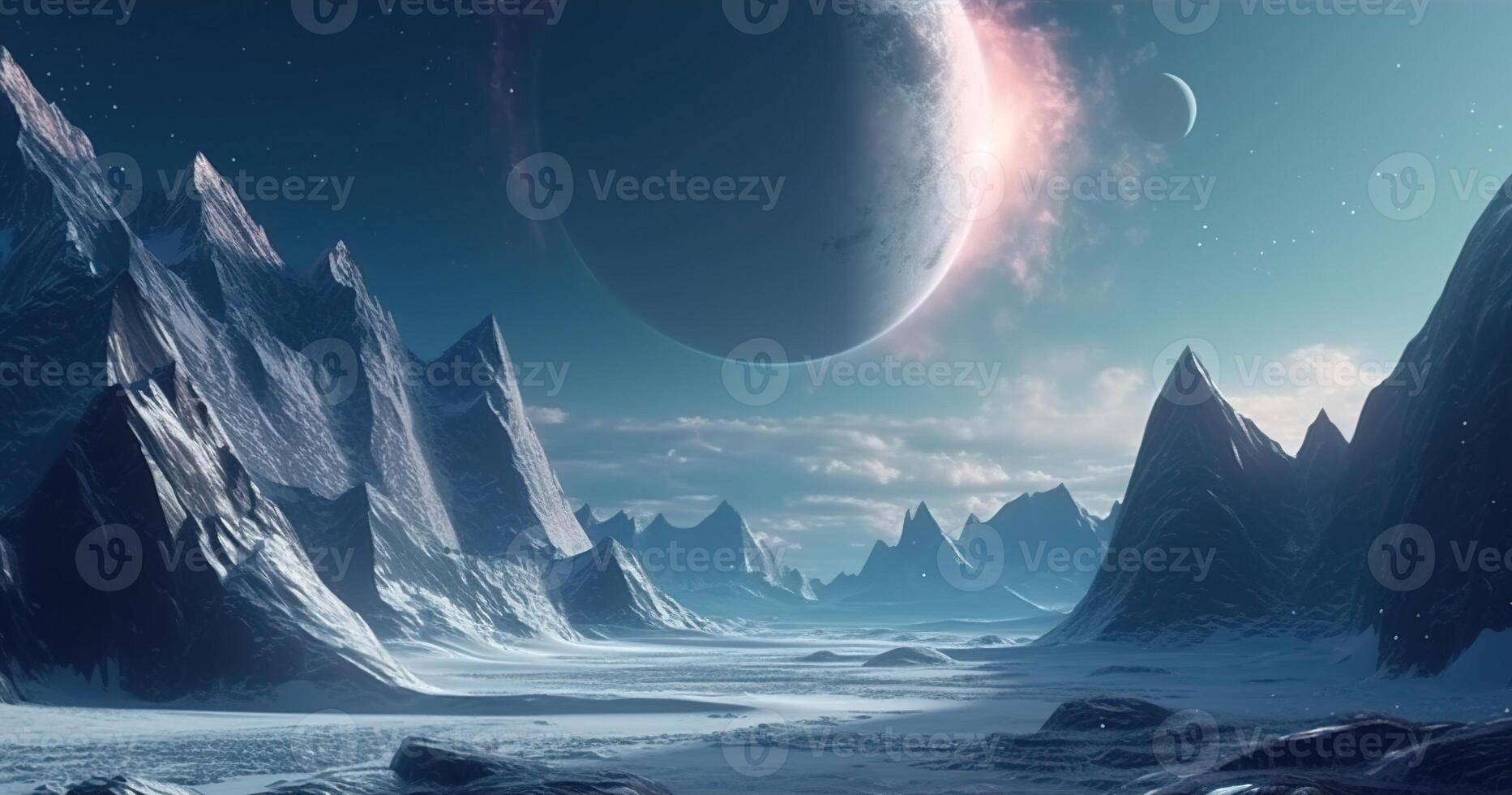 ai generado ciencia fi paisaje extraterrestre frío hielo planeta con azul montaña y rocas foto